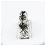 Bangkok Ratnaraj Jewelers Diamond & Green Tourmaline? Sterling Silver Band. Size 6.75 - 7.