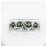 Bangkok Ratnaraj Jewelers Diamond & Green Tourmaline? Sterling Silver Band. Size 6.75 - 7.