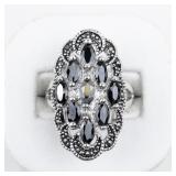 Marcasite Cluster & Onyx silver Tone Base Metal Statement Ring . Size 6.75 - 7.