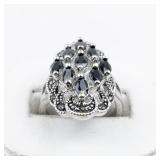 Marcasite Cluster & Onyx silver Tone Base Metal Statement Ring . Size 6.75 - 7.