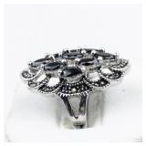Marcasite Cluster & Onyx silver Tone Base Metal Statement Ring . Size 6.75 - 7.