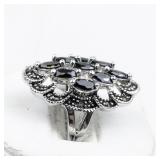 Marcasite Cluster & Onyx silver Tone Base Metal Statement Ring . Size 6.75 - 7.