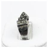 Abstract Geometric Marcasite Sterling Silver Ring. Size 7.75 - 8.