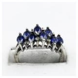 Lab Grown Blue Sapphire Cluster sterling Silver Statement Ring . Size 8 - 8.25.