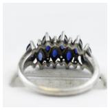 Lab Grown Blue Sapphire Cluster sterling Silver Statement Ring . Size 8 - 8.25.