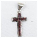 Lab Grown Red Opal sterling silver cross pendant (no chain).