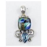 Multi-Colored Dichroic Glass & Blue Topaz sterling silver pendant (no chain).