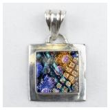 Square Dichroic Glass sterling silver pendant (no chain).