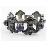 Mexico (Unknown) Round Amethyst Cabochon Sterling Silver Panel Bracelet.