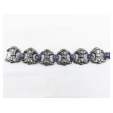 Mexico (Unknown) Round Amethyst Cabochon Sterling Silver Panel Bracelet.