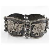 VKE IGUALA MEXICO Aztec Design Wide Sterling Silver Panel Bracelet.