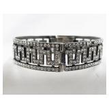 Greek Key Rhinestone Accented Sterling Silver Bangle Bracelet.