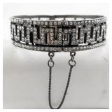 Greek Key Rhinestone Accented Sterling Silver Bangle Bracelet.