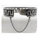 Greek Key Rhinestone Accented Sterling Silver Bangle Bracelet.