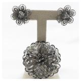 Flower Earrings & Brooch Sterling Silver Screw-Back Non-Pierced Earrings.