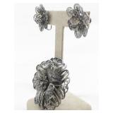 Flower Earrings & Brooch Sterling Silver Screw-Back Non-Pierced Earrings.