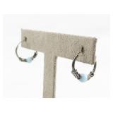 Small Aqua Orb Sterling Silver Hoop Earrings .