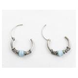 Small Aqua Orb Sterling Silver Hoop Earrings .