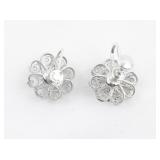 Flower Filigree Sterling Silver Screw-Back Non-Pierced Earrings.