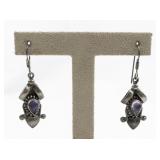 Amethyst Heart Drop Sterling Silver French Wire Dangle Earrings .
