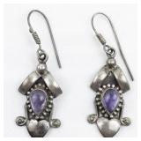 Amethyst Heart Drop Sterling Silver French Wire Dangle Earrings .