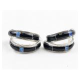 Onyx And Created Opal Inlay Sterling Silver Dangle Earrings .