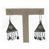 Blue Beaded Triangle Silver Tone Base Metal French Wire Dangle Earrings .