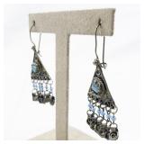 Blue Beaded Triangle Silver Tone Base Metal French Wire Dangle Earrings .