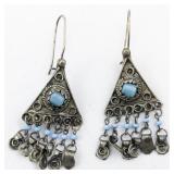 Blue Beaded Triangle Silver Tone Base Metal French Wire Dangle Earrings .
