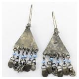 Blue Beaded Triangle Silver Tone Base Metal French Wire Dangle Earrings .
