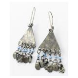 Blue Beaded Triangle Silver Tone Base Metal French Wire Dangle Earrings .
