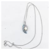 Blue Enamel & Pearl Silver Tone Base Metal Pendant Necklace .