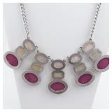 Pink Silver Tone Base Metal Bib Necklace.