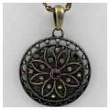 Purple Rhinestone Accented Flower Base Metal Pendant Necklace .
