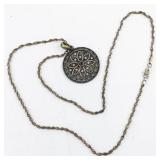 Purple Rhinestone Accented Flower Base Metal Pendant Necklace .