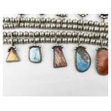 Greg Pat (Navajo) Turquoise & Spiny Oyster Sterling Silver Squash Blossom Necklace.