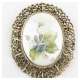 Hand painted Floral Victorian Gold Tone Base Metal Pin With Pendant.