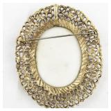 Hand painted Floral Victorian Gold Tone Base Metal Pin With Pendant.