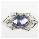 Blue Rhinestone Silver Tone Base Metal Brooch .