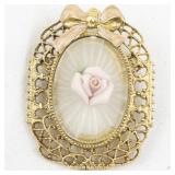 Vintage Porcelain Rose With Enamel Pink Bow Gold Tone Base Metal Brooch .