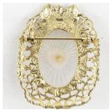 Vintage Porcelain Rose With Enamel Pink Bow Gold Tone Base Metal Brooch .