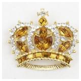 Rhinestone Royal Crown Gold Tone Base Metal Brooch .