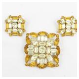 B. David  Square Orange & Green Rhinestone Gold Tone Base Metal Brooch & Clip-On Earrings.