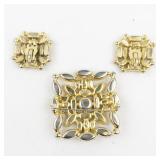 B. David  Square Orange & Green Rhinestone Gold Tone Base Metal Brooch & Clip-On Earrings.