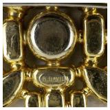 B. David  Square Orange & Green Rhinestone Gold Tone Base Metal Brooch & Clip-On Earrings.