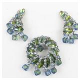 Blue And Green Rhinestone Circle Silver Tone Base Metal Brooch & Clip-On Earrings.