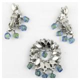 Blue And Green Rhinestone Circle Silver Tone Base Metal Brooch & Clip-On Earrings.