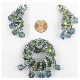 Blue And Green Rhinestone Circle Silver Tone Base Metal Brooch & Clip-On Earrings.