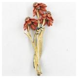 Three Pink Enamel Flower gold Tone Base Metal Brooch .