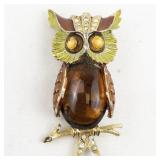 Art/Mode Art Brown & Green Enamel & Rhinestone Owl gold Tone Base Metal Brooch .